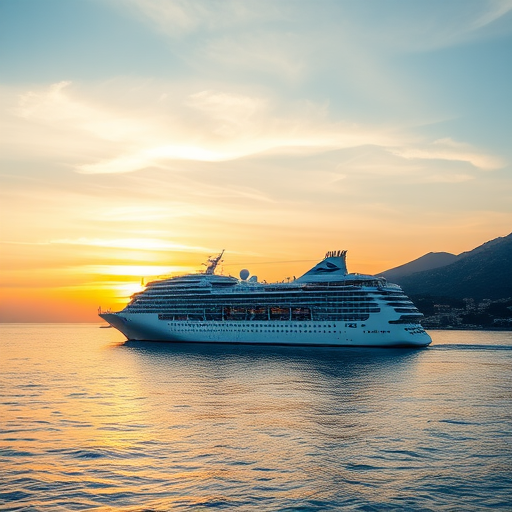 Regenerate an image of a cruise ship sailing in calm waters with a scenic coastline in the background during sunset, using a DSLR camera, 50mm lens, f/8 aperture, ISO 100, shutter speed 1/250s, shot from a high vantage point to enhance clarity and depth.