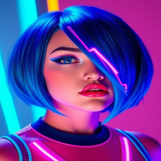 Electric blue bob with "Neon Nights" design showcases a geometric cut and vibrant neon accents for a futuristic look
