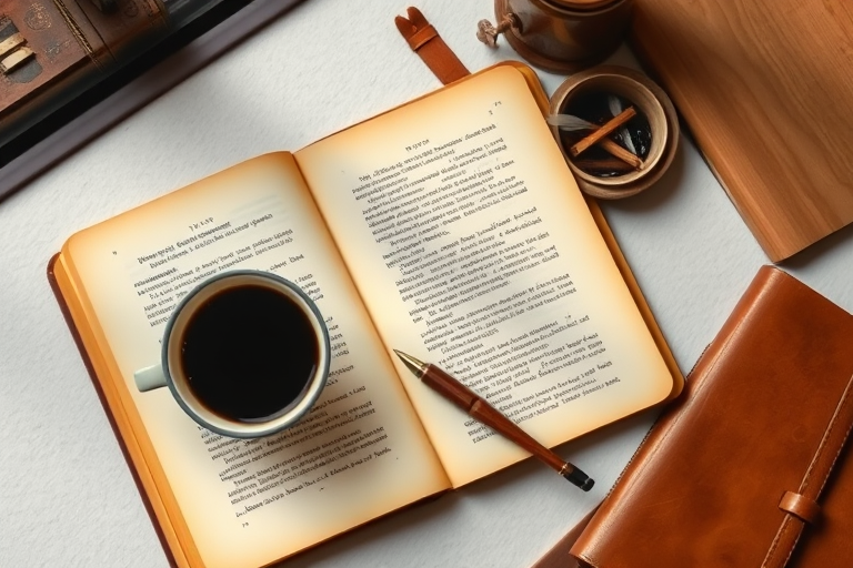 photograph a flat lay composition of an open vintage book with yellowed pages, a cup of black coffee, a wooden pen, a small bowl of ink and quills, a leather-bound notebook, natural light from a window, shot with a DSLR camera at f/2.8, 50mm lens, ISO 100, with a warm color tone and high contrast to enhance details and textures