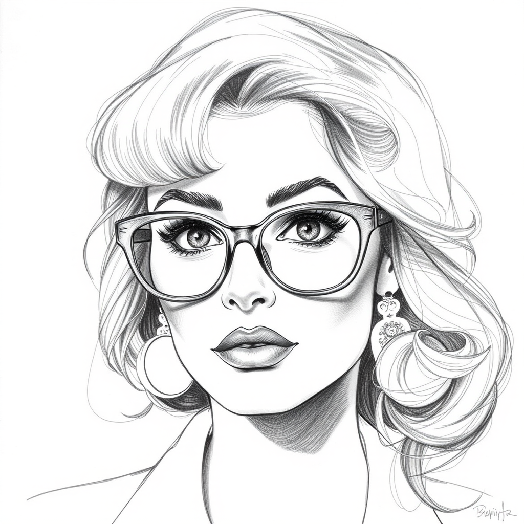 Beautiful Sophia Loren, pencil sketch, portrait of beautiful woman 60s in glasses, hair style beatnik, outline, clear lines, fine lines, 8k