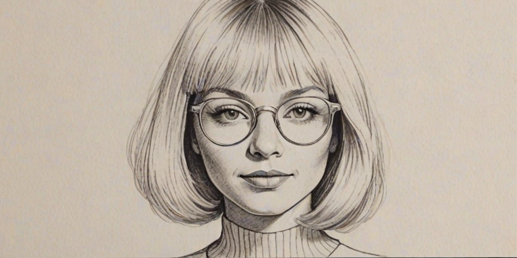 Charming Sia, pencil sketch, portrait of Wonderful woman 1970s in glasses, hair style beatnik, outline, clear lines, fine lines, 8k