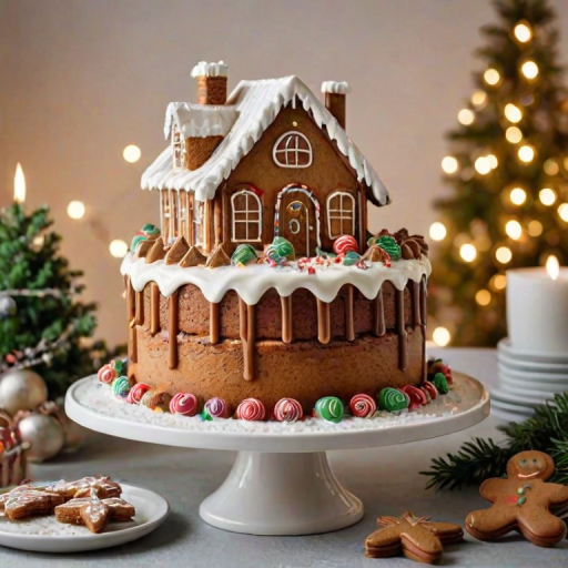 Create an image of a festive gingerbread cake with multiple layers, featuring creamy frosting between the layers. The cake should be decorated with a glossy chocolate drizzle, miniature gingerbread cookies, and small evergreen decorations. The background should include soft, twinkling lights and a cozy holiday atmosphere, with white decorative houses and a few other baked goods displayed nearby.