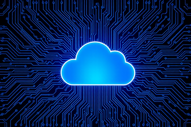 Create a high-resolution digital illustration of a cloud symbol surrounded by a complex circuit board design, use a Canon EOS R5 camera, aperture f/8, ISO 100, 24mm focal length, shot from a straight-on view with a focus on vibrant blue tones and intricate circuit patterns for enhanced clarity.