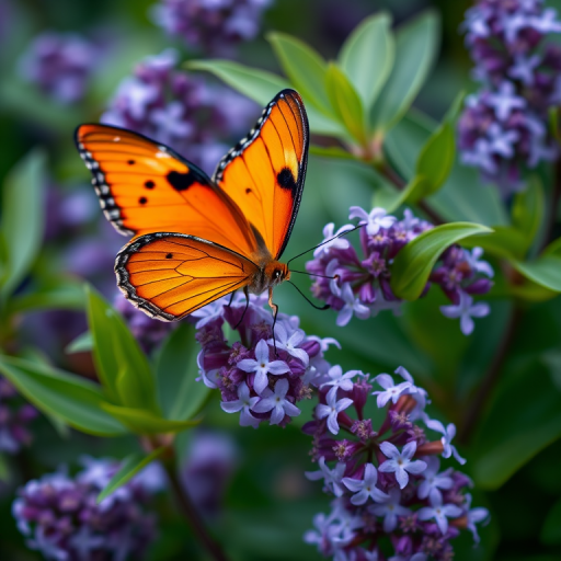 Create an image of an orange butterfly perched on delicate purple flowers, surrounded by lush green leaves. The background should be softly blurred to emphasize the butterfly and the flowers, capturing a serene and natural setting.