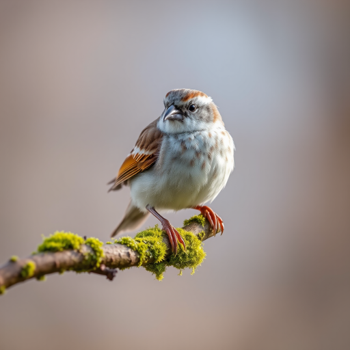 Capture a close-up shot of a house sparrow perched on a moss-covered branch, using a DSLR camera with a 70-200mm lens, aperture set to f/4 for a blurred background, ISO 200 for clarity, and a shutter speed of 1/500 seconds for crisp detail, in natural lighting conditions.