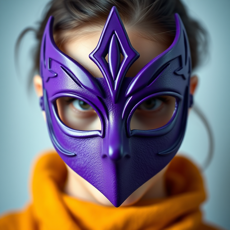 Create a high-resolution image of a purple mask with stylized edges and two eye holes, shot with a 50mm lens at f/2.8, using a soft focus background, and a DSLR camera.