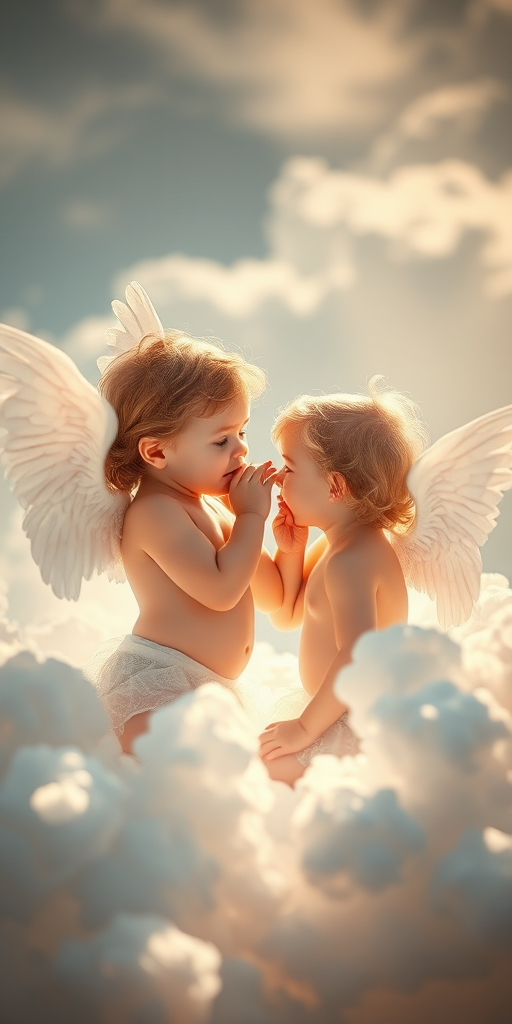 Create an ethereal scene of two cherubic children, one with wings whispering to the other, surrounded by soft clouds and gentle lighting, captured with a DSLR camera at f/2.8, ISO 100, 50mm lens, in natural light to enhance softness and detail.