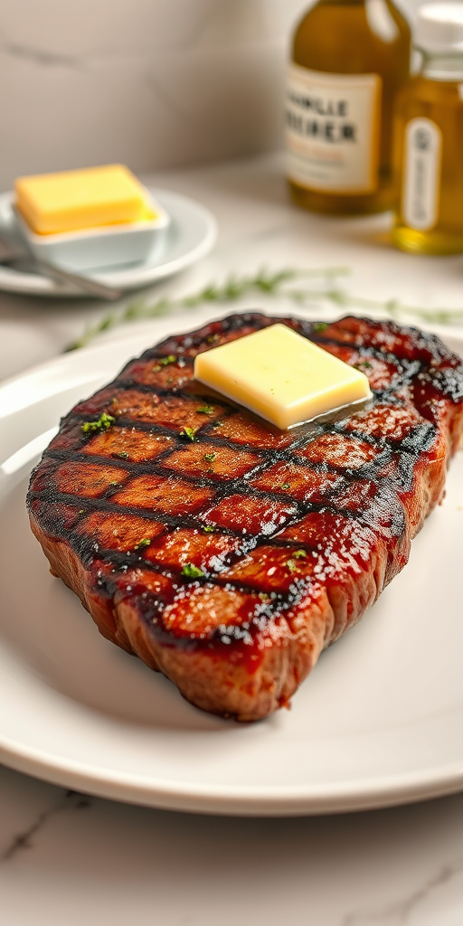 Create an image of a perfectly seared ribeye steak, resting on a white plate with a pat of melting butter on top. The steak is seasoned with fresh herbs like thyme and parsley, with glistening juices highlighting the texture of the meat. The background features a soft focus on a light, marble countertop, with a small dish of butter and an olive oil bottle in the distance. The overall mood should be warm and inviting, capturing the deliciousness and juiciness of the steak.