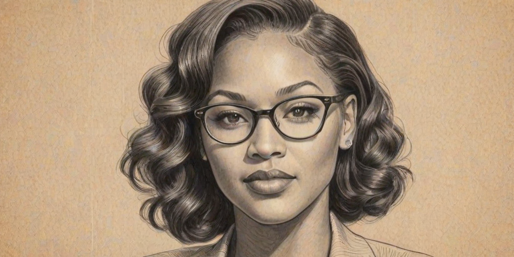 Delightful Meagan Good, pencil sketch, portrait of Comely woman 1940s in glasses, hair style beatnik, outline, clear lines, fine lines, 8k