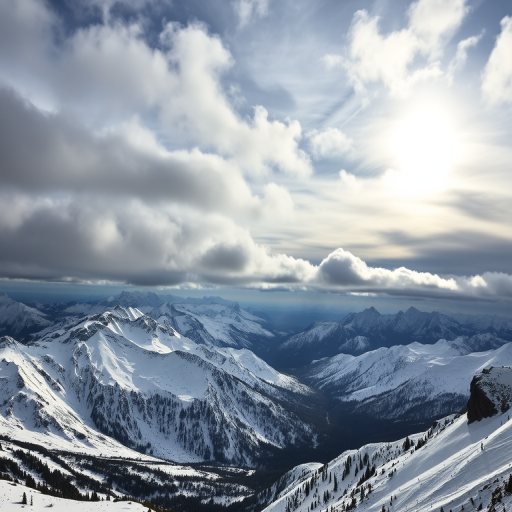 Generate an image of a snowy mountain landscape under a moody sky with dramatic clouds and the sun partially obscured, using a wide-angle lens, aperture f/8, ISO 100, 1/200 sec shutter speed, capturing a panoramic view from a high vantage point with enhanced contrast and clarity.