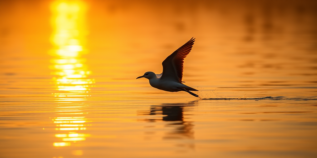 A serene bird gliding on calm water at sunset with golden reflections, shot with a DSLR camera, 50mm lens, aperture f/2.8, ISO 100, 1/200 sec shutter speed, focusing on the bird, shallow depth of field for a blurred background.