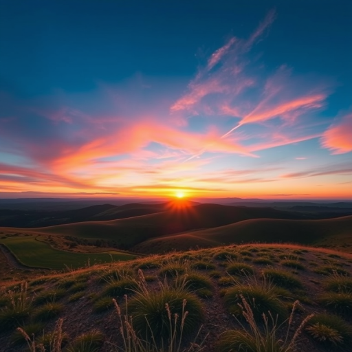 Generate a high-resolution image of a scenic landscape featuring a sunset over rolling hills with a vibrant sky, using a DSLR camera with a 50mm lens, aperture set to f/1.8, ISO 100, and a shutter speed of 1/200s, capturing a wide-angle view to enhance depth and detail.