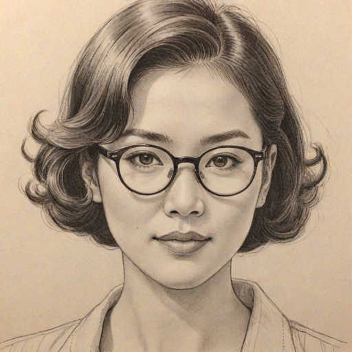 Stunning Keiko Agena, pencil sketch, portrait of Gorgeous woman 1936s in glasses, hair style beatnik, outline, clear lines, fine lines, 8k
