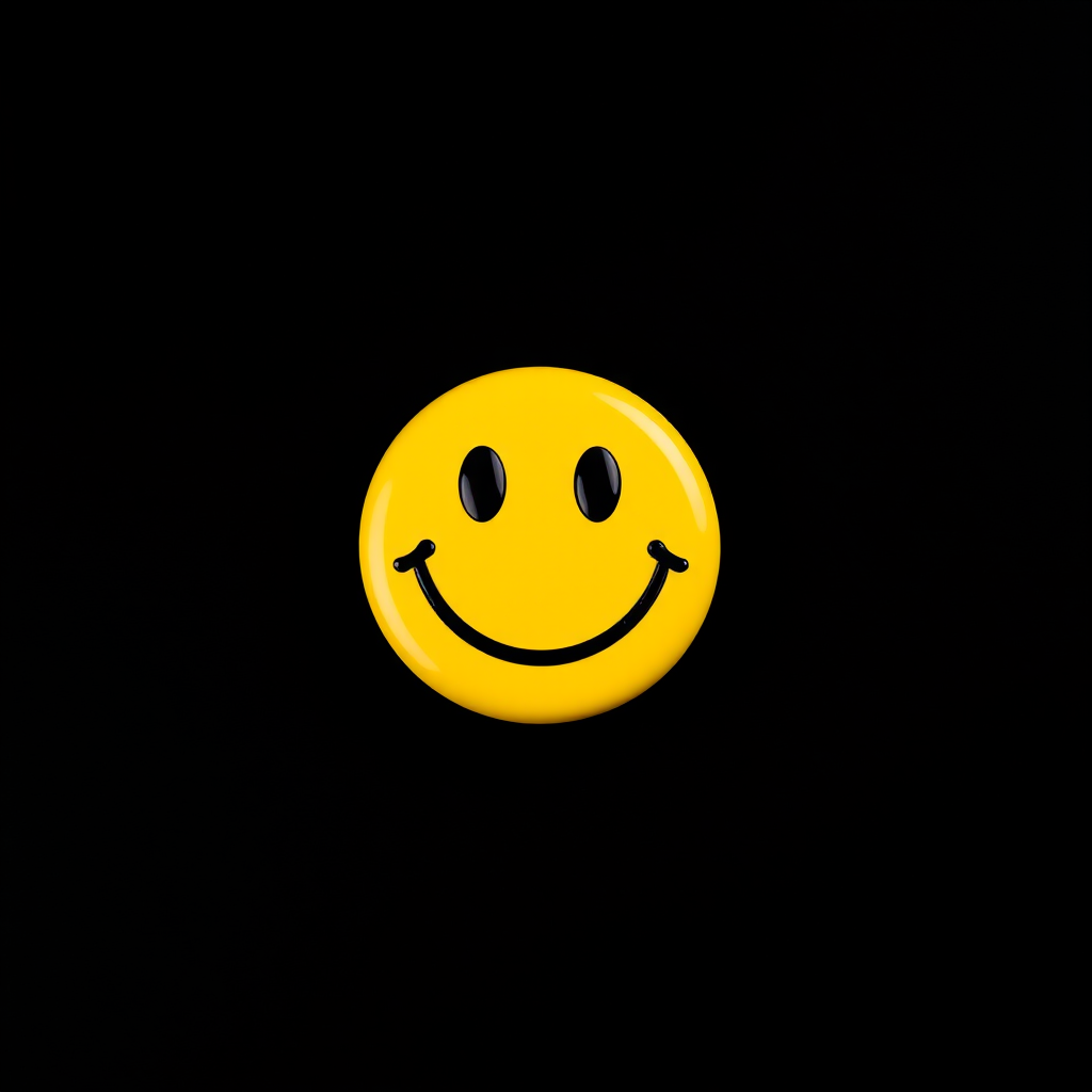 Create a vibrant, high-resolution image of a classic yellow smiley face on a solid black background, using a DSLR camera with a 50mm lens, f/1.8 aperture, ISO 100, and a centered composition.