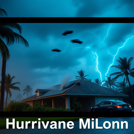 Hurricane Milton blows a roof off a home. Strong winds and rain blows sideways. Palm trees uprooted and bent over. Cars flying through the sky with debris. Sky is dark with thunder storms. Lightning strikes are fluorescent blue. Add text Hurricane Milton 2024