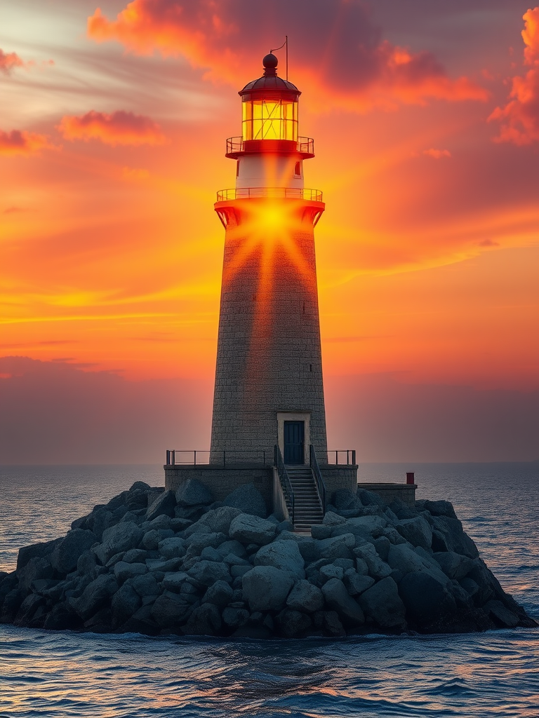 Generate an image of a tall lighthouse perched on a rocky outcrop surrounded by calm ocean waters during a breathtaking sunset. The lighthouse stands sturdy and weathered, its stone surface illuminated by the warm golden light of the setting sun. The sun's rays pass directly through the glass lantern room at the top of the lighthouse, casting a brilliant light across the scene. The sky is painted with vibrant shades of orange, pink, and purple, reflecting off the tranquil sea. The surrounding water shimmers with the same warm hues, creating a serene and majestic atmosphere.