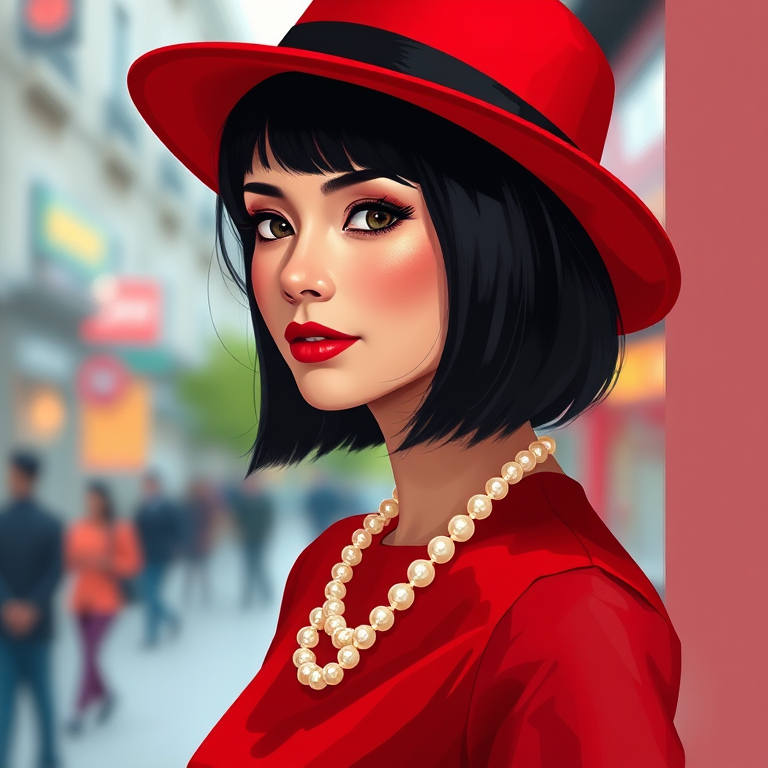 Generate a high-quality illustration of a chic woman in a red hat and a black bob haircut wearing a red dress and a pearl necklace, captured with a 50mm lens at f/1.8, with a soft focus background and vibrant colors, using a digital painting style.