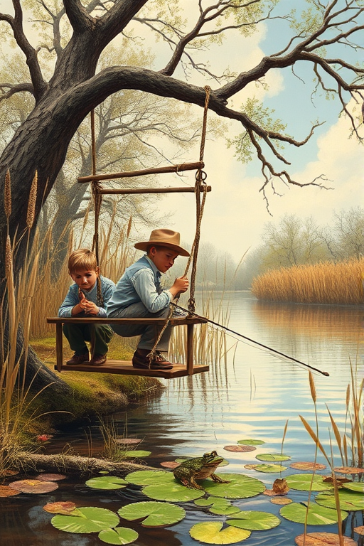 Imagine a small group of old fashioned young boys out fishing by the creek, a swing hanging from a tree branch, reeds and grasses by the water's edge, a frog sitting on a lily pad, dragonflies hovering over som water plans, a very iconic old fashioned scene reminiscent of a Norman Rockwell painting style