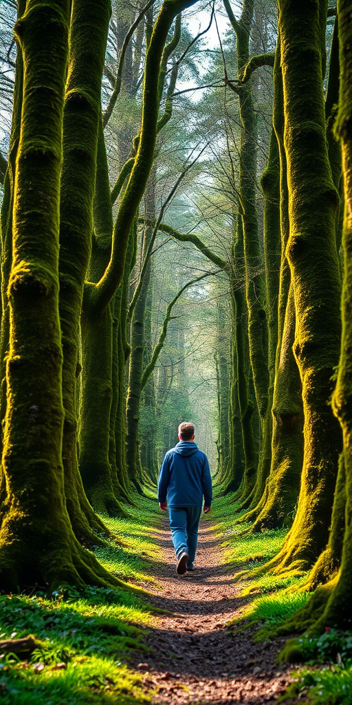 A scenic view of a person walking through a lush green forest with moss-covered trees on either side, captured with a full-frame DSLR camera, 24mm lens, aperture f/8, ISO 200, natural lighting, mid-morning sunlight, wide-angle perspective.