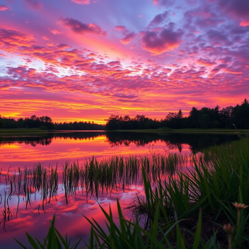 Capture a serene landscape at sunset with vibrant orange and purple skies reflected in a calm lake, using a Canon EOS R5, 35mm lens, f/8 aperture, 1/125 sec shutter speed, and ISO 100, shot from a low angle to enhance foreground details and create depth.