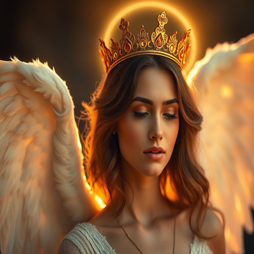 Create an image of a serene woman with angelic wings and a golden crown, illuminated by an ethereal glow, captured with a DSLR camera at f/1.8, ISO 100, 50mm lens, 1/200s shutter speed, soft focus background, and warm color tones.