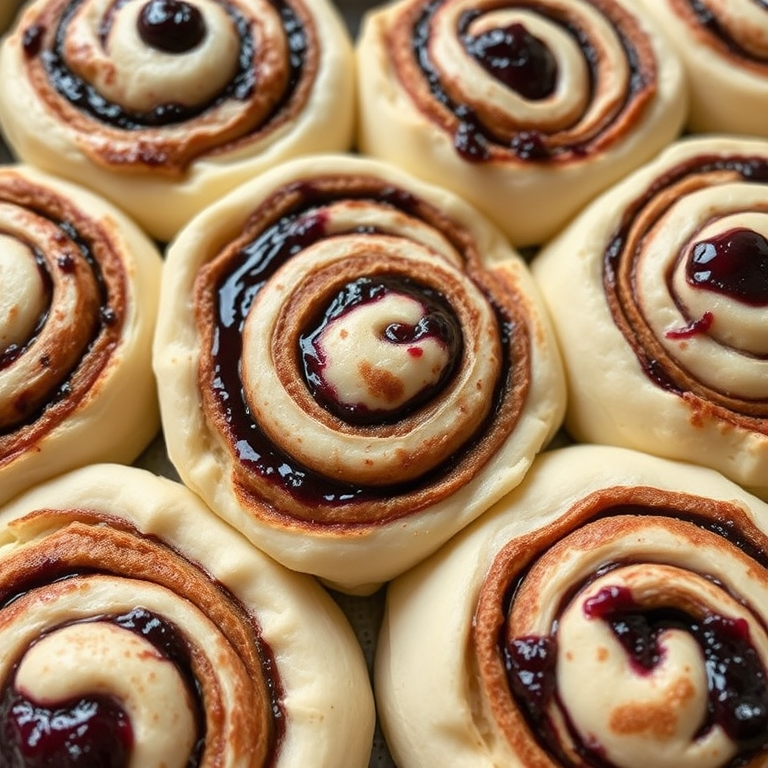 A close-up view of freshly made cinnamon rolls with a swirl of dark berry filling on a baking tray, displaying soft dough and glossy filling, shot from above with a focus on the spiral pattern and textures of the rolls.