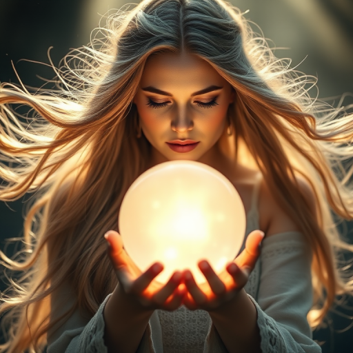 A mystical woman with long, flowing hair holds a glowing crystal ball, soft ethereal lighting, captured with a Canon EOS R5, 50mm lens, f/1.8, ISO 100, with a slight vignette and a dreamy focus effect.