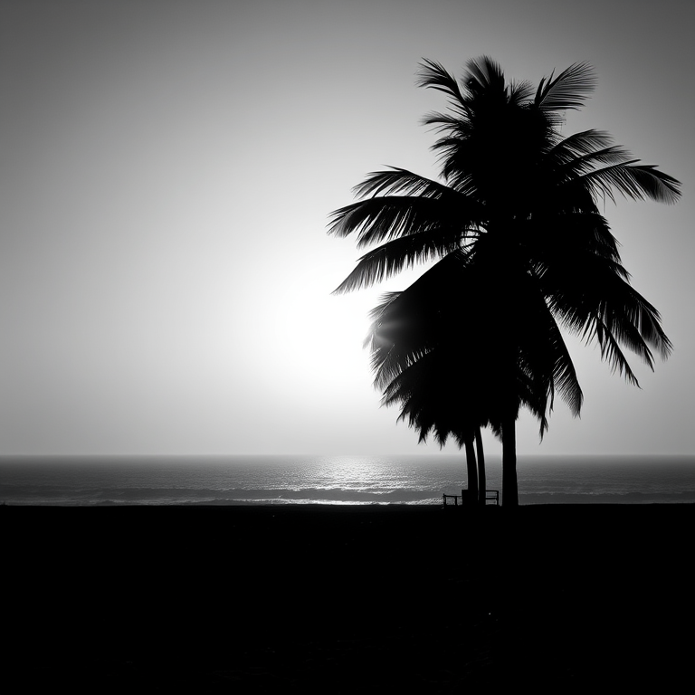 Create a high-contrast monochrome illustration of a sunset beach scene featuring silhouetted palm trees and a large sun, with a foggy ocean background, captured with a Canon EOS R5 at f/8, ISO 100, 1/200s, in a wide-angle view to emphasize the horizon.