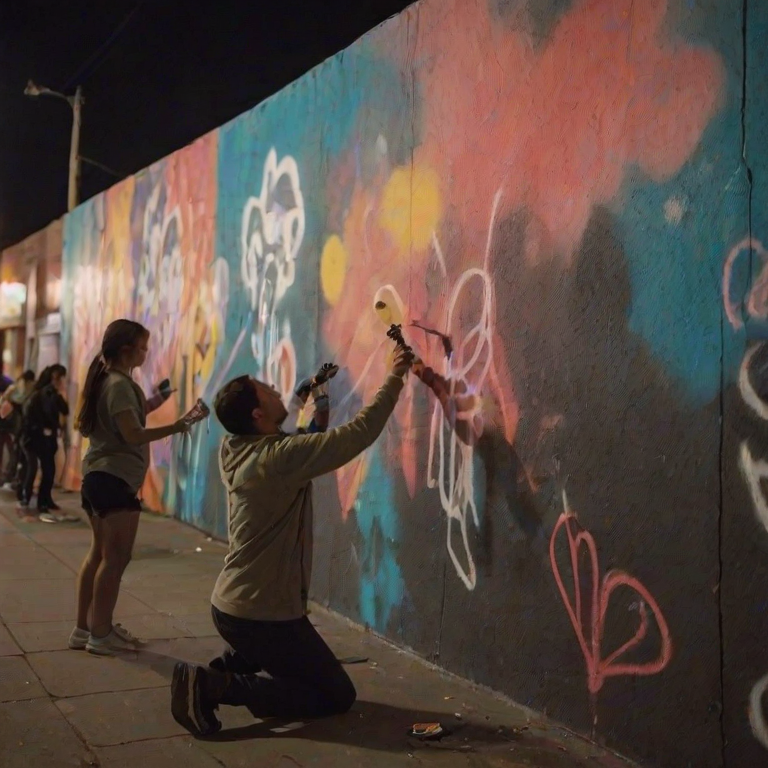 Blurry, candid photo of a street artist spray-painting a mural on a city wall, soft glow from nearby streetlights illuminating their work, distant pedestrians walking by, and the smell of fresh paint in the air.