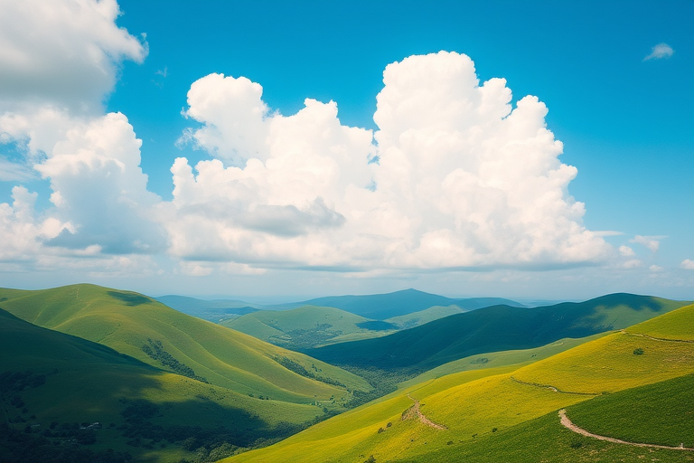 Generate a high-resolution image of a serene landscape featuring lush green hills under a bright blue sky with fluffy white clouds, taken with a Canon EOS R5 at f/8, ISO 100, 1/200 sec, wide-angle view, capturing vibrant colors and sharp details.
