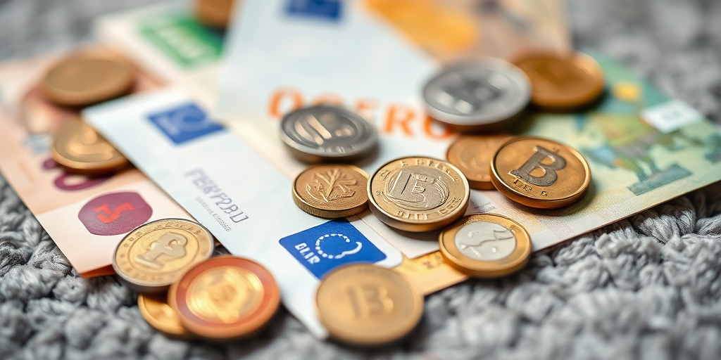 Detailed close-up shot of assorted euro banknotes and coins on a textured surface, with a shallow depth of field, captured with a DSLR camera at f/2.8 aperture, ISO 200, 50mm lens, illuminated with soft natural light to enhance color vibrancy and detail.