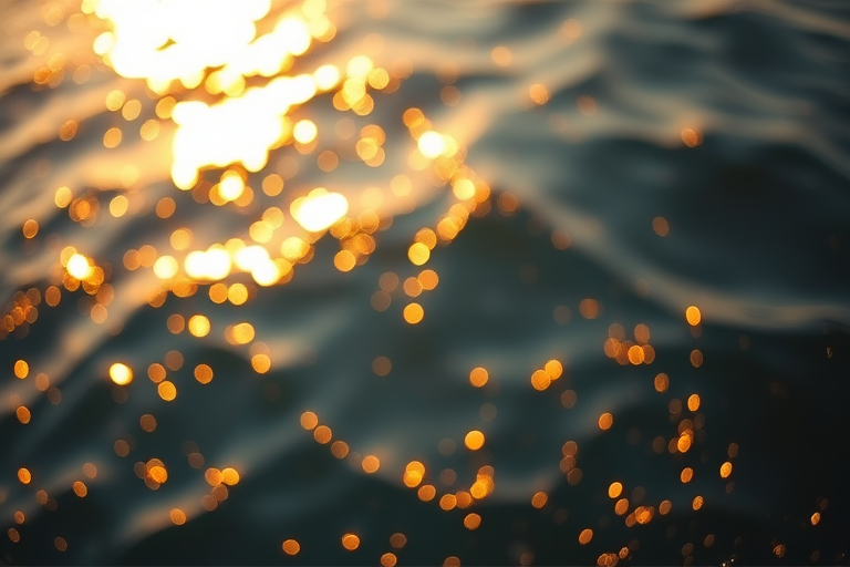 capture shimmering water surface with bokeh effect at golden hour using a DSLR camera with a 50mm lens, aperture f/1.8, shutter speed 1/250s, ISO 100, top-down view, soft focus and high contrast for vibrant colors