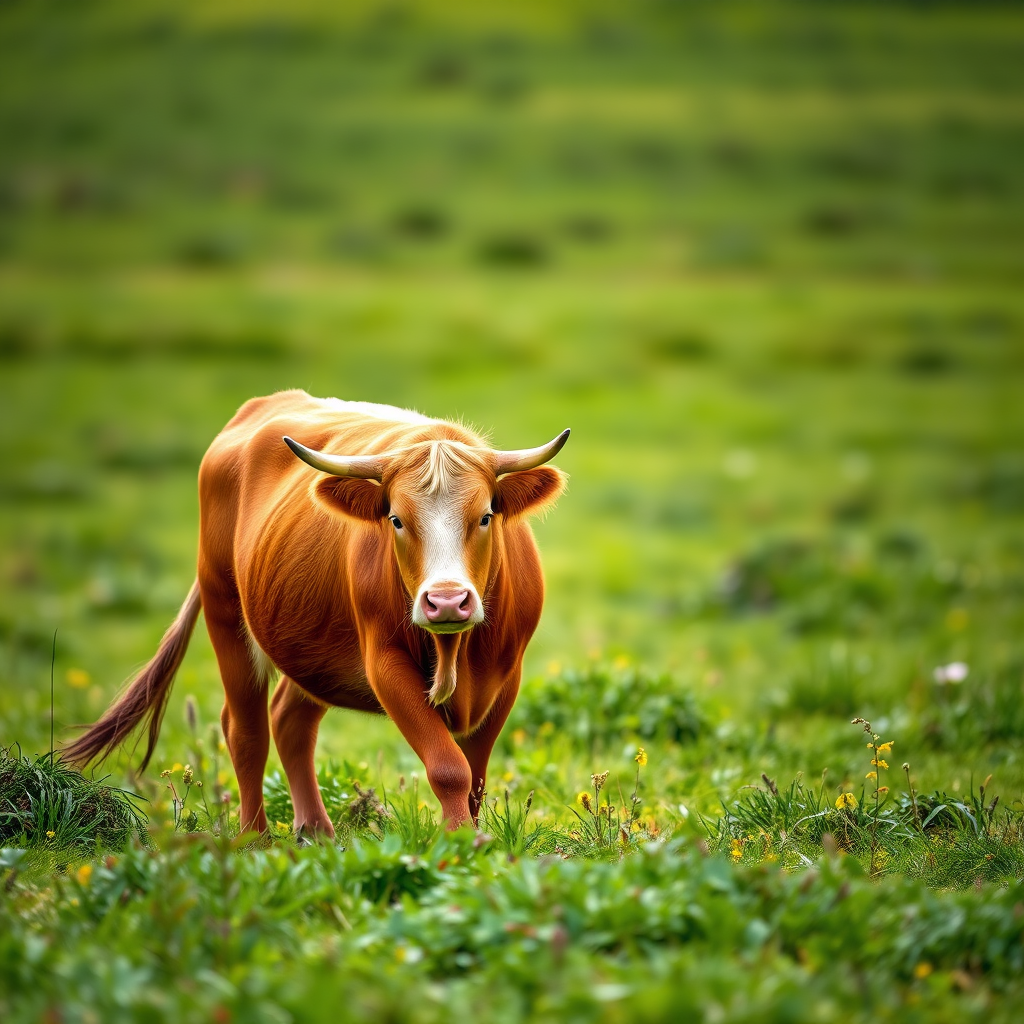 A highland cow walking through a lush green field, shot with a Canon EOS R5, 50mm f/1.8 lens, aperture f/2.8, shutter speed 1/200s, ISO 200, natural light from the side, capturing a shallow depth of field with a bokeh background.
