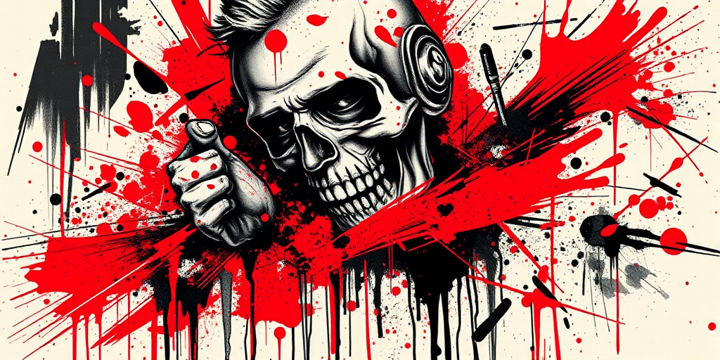 Trash polka "Urban Decay" tattoo composition combining realistic elements with abstract splashes smears and geometric shapes in a bold red and black color scheme for a striking and chaotic appearance