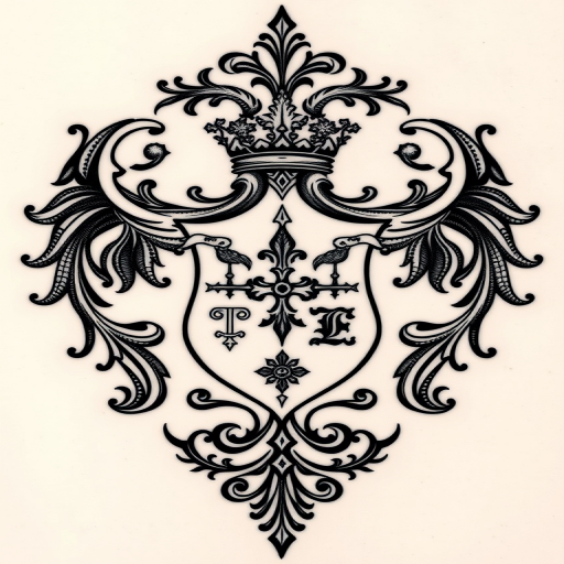 Ornamental blackwork tattoo dubbed "Royal Insignia" featuring elaborate filigree patterns and heraldic symbols reminiscent of medieval coats of arms