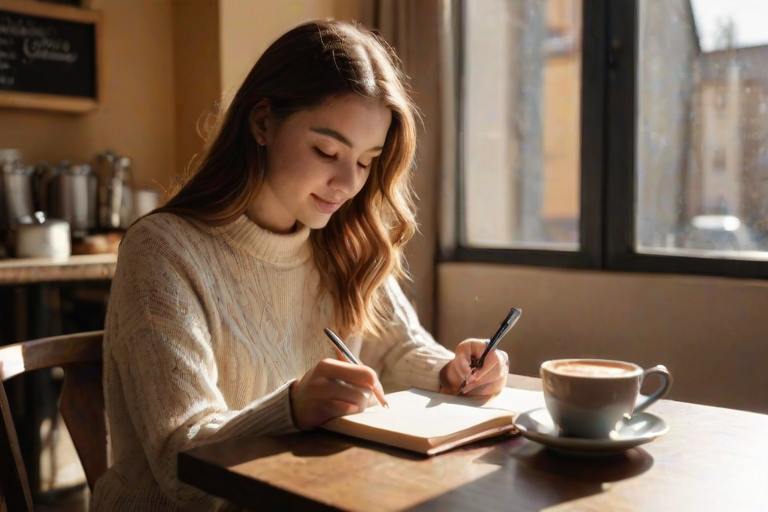 Warmly lit photo of a woman in her 20s, sitting at a charming cafetable, writing in her journal, with a delicious pastry and a cup of coffee beside her, sunlight streaming in.