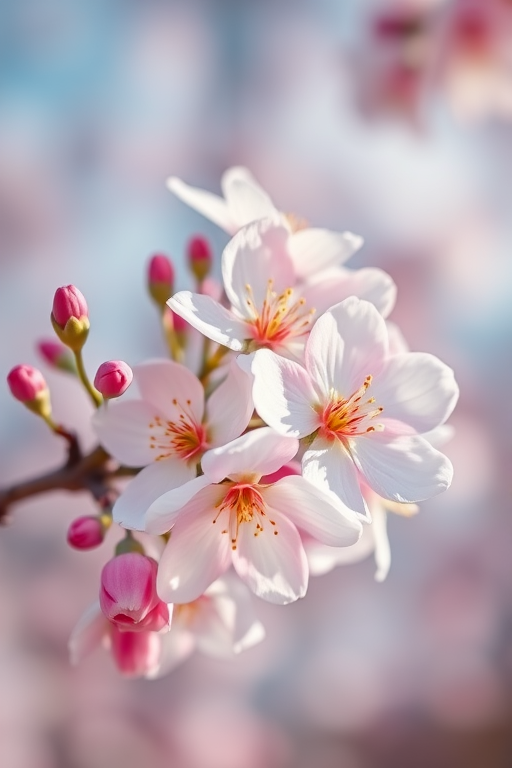 Create a close-up image of cherry blossom flowers with a soft-focused background, using a DSLR camera, 50mm lens, f/2.8 aperture, ISO 100, and natural lighting to enhance colors and details.