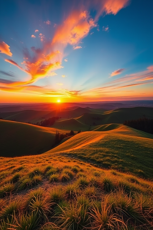 Generate a high-resolution image of a serene landscape featuring rolling hills and a glowing sunset with vibrant colors, captured using a Canon EOS R5, 24mm lens, f/8 aperture, ISO 100, at a low-angle perspective for depth, using a wide-angle photography style.