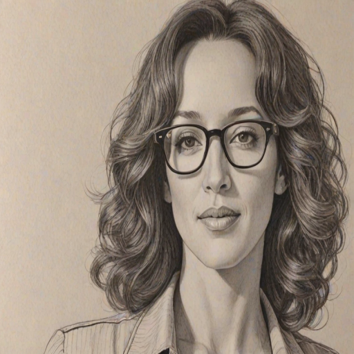 Captivating Jennifer Beals, pencil sketch, portrait of Comely woman 1975s in glasses, hair style beatnik, outline, clear lines, fine lines, 8k