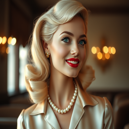 A beautiful Mizrahi woman reminiscent of 1950s Hollywood glamour, with perfectly styled blonde hair and a seductive smile, dressed in a satin blouse and adorned with pearls, soft and warm tones, photorealistic, 8K