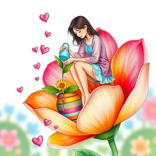 Create a whimsical illustration of a woman watering a flower while sitting on a large, vibrant flower petal, with hearts flowing from the plant to a colorful pot, use a 50mm lens, f/2.8 aperture, soft focus background, digital watercolor style, high-resolution image