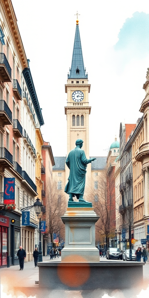 Create an artistic watercolor illustration of a statue in a cityscape with a prominent clock tower in the background, using a Canon EOS 5D Mark IV camera with a 24-70mm f/2.8 lens, aperture set to f/8, ISO 100, and a wide-angle view to enhance depth and color vibrancy.