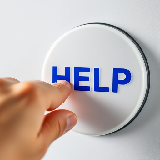 Create an image of a hand pressing a large white button with the word "HELP" in bold blue letters, shot with a Canon EOS R5, 50mm lens, f/2.8 aperture, ISO 100, natural lighting, shallow depth of field, close-up view.