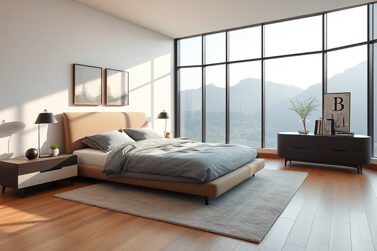 create a modern bedroom interior design with a large bed, stylish decor, wooden flooring, neutral color palette, large windows with a view of mountains, soft natural lighting, focus on minimalism, camera type digital, aperture f/8, ISO 100, shutter speed 1/60s, wide-angle view, high resolution