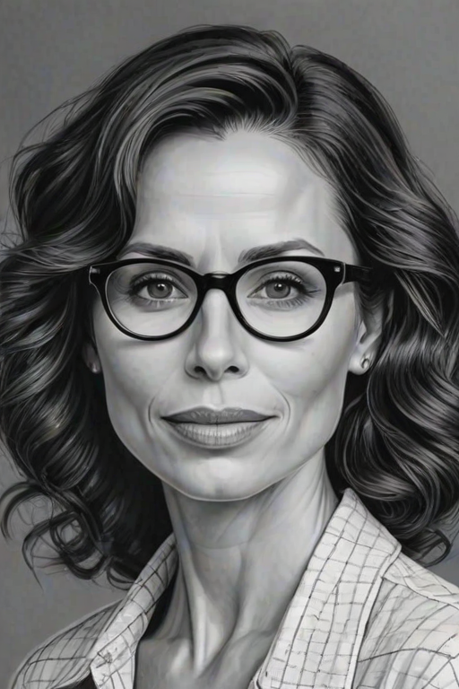 Captivating Minnie Driver, pencil sketch, portrait of Ravishing woman 1945s in glasses, hair style beatnik, outline, clear lines, fine lines, 8k