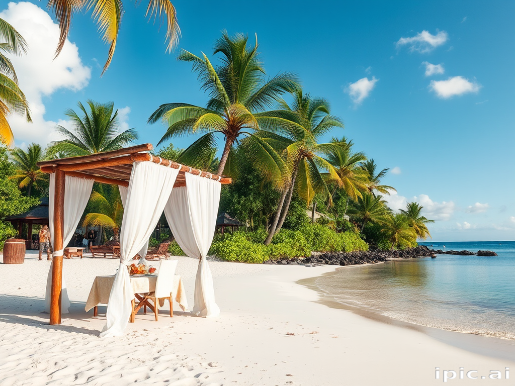 Create a picturesque tropical beach scene featuring a serene, white sandy shore. In the foreground, there's a rustic wooden canopy with white drapes gently flowing in the breeze. Underneath the canopy, a table is set with tropical decor, evoking a sense of relaxation and leisure. The beach extends into a calm, shallow water area with reflections of the sky and surroundings. Palm trees and lush greenery line the edge of the beach, providing a natural, tropical backdrop. The sky is clear with a few scattered clouds, and the overall atmosphere is tranquil and inviting, perfect for a peaceful retreat.