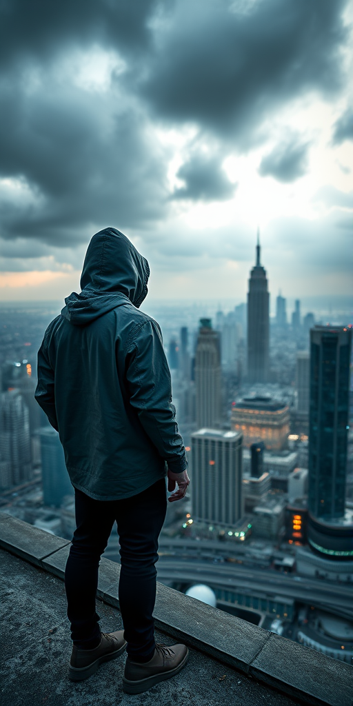 Generate a high-resolution image of a lone figure in a hooded jacket standing on a rooftop overlooking a futuristic city skyline under an ominous sky, using a DSLR camera with a 50mm lens, f/1.8 aperture, ISO 100, and a wide-angle view to capture both the person and the expansive cityscape.