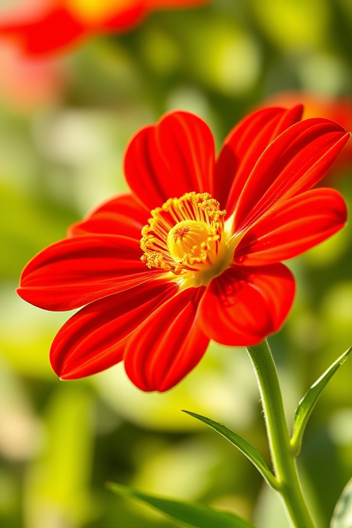 Generate a vibrant illustration of a red flower with a yellow center, featuring a green stem and leaves, captured with a DSLR camera, using a f/2.8 aperture, 50mm lens, at a 100 ISO setting, in bright natural lighting for enhanced color contrast and clarity.
