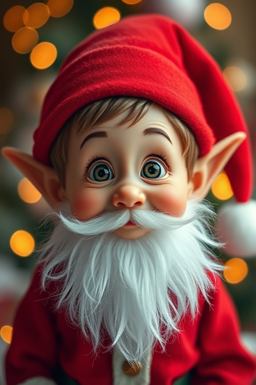 Create a whimsical portrait of a cute, chubby elf with large expressive eyes wearing a Santa hat and a fuzzy white beard, set against a softly blurred festive background, captured with a Canon EOS R5, 50mm f/1.2 lens, aperture set to f/2.8, ISO 100, using a shallow depth of field for enhanced detail and vibrant colors.