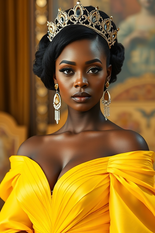 A gorgeous Zambo woman in a luxurious Yellow gown, accessorized with a dazzling tiara and statement earrings, her deep black eyes highlighted by impeccable makeup, poised in a royal setting, photorealistic, 8K quality